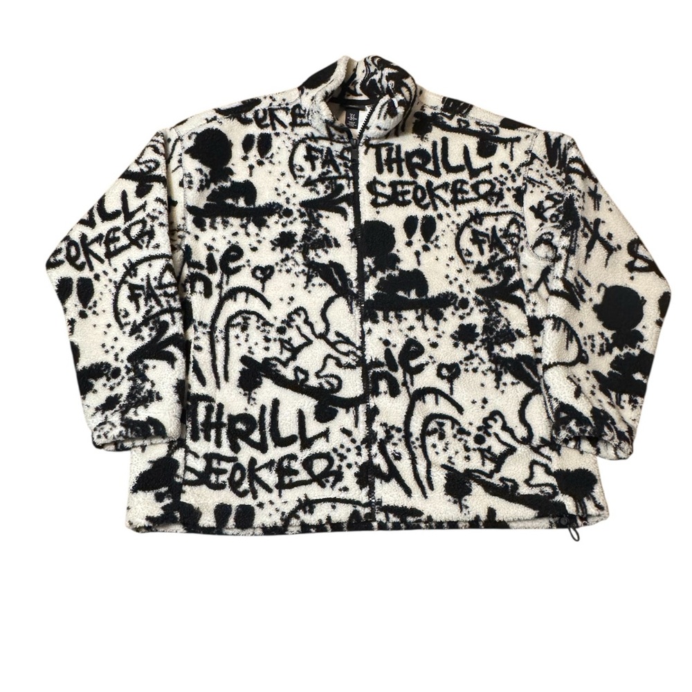 H&M x Peanuts Men’s Oversized Graffiti Black & Cream Sherpa Jacket Size Medium